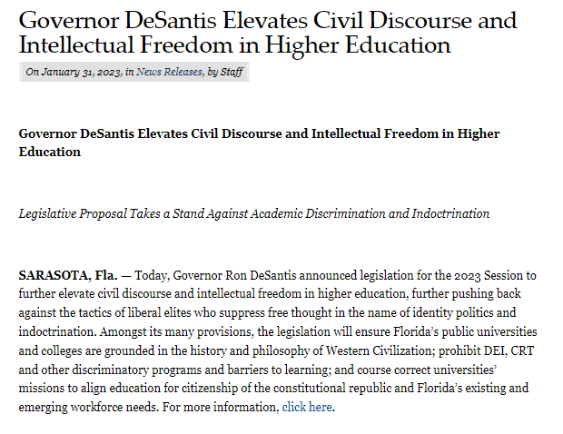 Governor DeSantis Elevates Civil Discourse and Intellectual Freedom in Higher Education