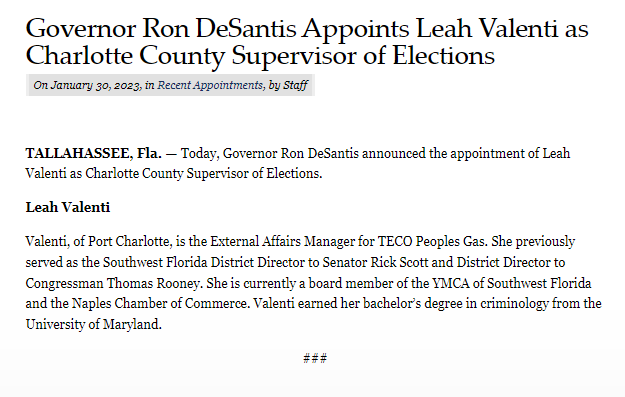 Governor Ron DeSantis Appoints Leah Valenti as Charlotte County Supervisor of Elections