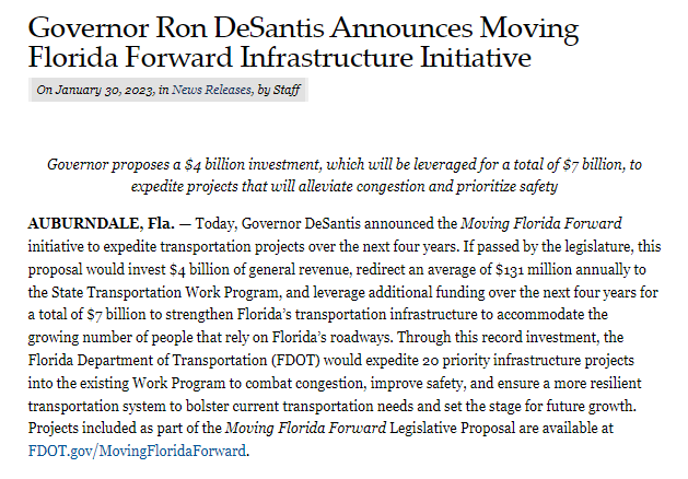 Governor Ron DeSantis Unveils Moving Florida Forward Infrastructure Initiative